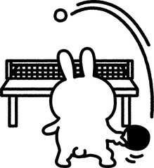 卓球でロビングをする、うさぎ（線画）のイラスト