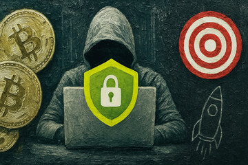 Digital Security: A hooded figure with a locked shield protects virtual currencies, suggesting strong data and financial protection against cyber threats, on a dark chalkboard setting.
