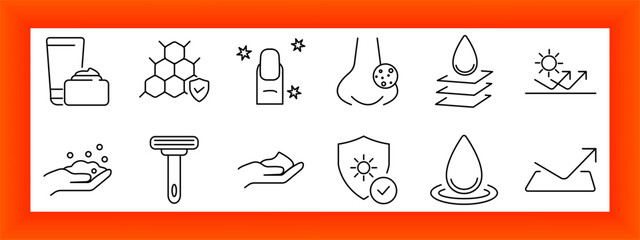 Cosmetic and hygiene set icon. Tube, razor, sponge, cleanser, nail, sunblock, droplets, nose, exfoliant, and smooth skin care icons drawn in thin outline