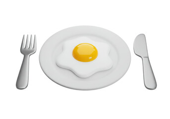 Isolated Fried Egg on Plate with Fork and Knife Cutlery
