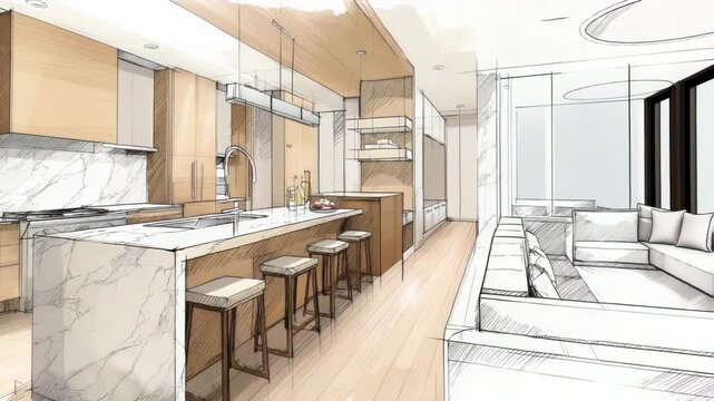 Interior design sketch featuring a modern kitchen and living space concept design