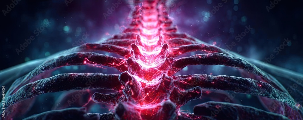 Poster disc bulge and nerve compression concept. abstract image of glowing red spine in a cosmic environmen
