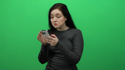 Woman frowning while using smartphone against a bright green background, showcasing frustration and...