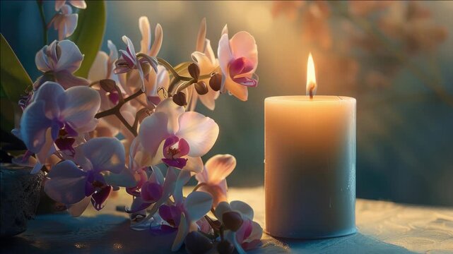 A lit candle in a glass jar, placed next to orchid blossoms, with soft evening light illuminating the scene.