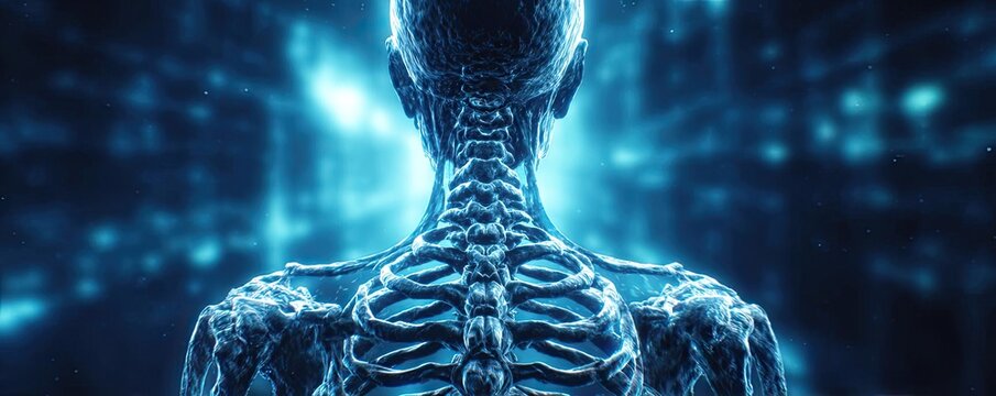 Disc bulge and nerve compression concept. A detailed view of a human spine with a futuristic background.