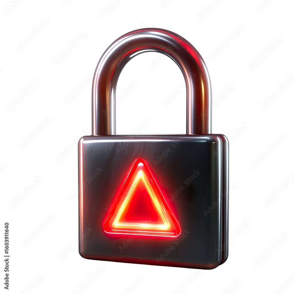 Poster a metallic padlock with a glowing red triangular symbol, symbolizing security and protection in the 