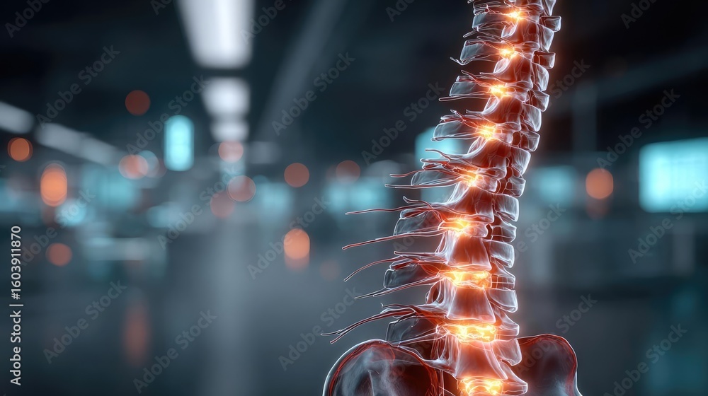 Poster disc bulge and nerve compression concept. 3d rendering of a human spine with glowing elements in a l