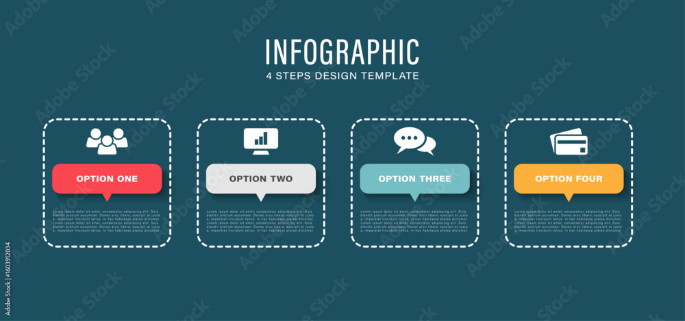 Aufkleber four steps or processes of business and marketing infographics with icons. horizontal infographic la