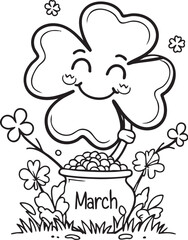 Searchable SEO Title (Max 150 characters): "Friday Clover Coloring Page – Cute Cartoon Plant Character for Kids’ Educational Printables, Weekday Activities & Fun Nature-Themed Art Projects