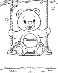 Thursday Bear Coloring Page – Cute Cartoon Animal on Swing for Kids' Learning Activities, Educational Printables, Weekday Fun & Creative Art Projects