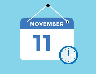 11 November, calendar date icon. 11 November Calendar Date for Deadlines or Appointment. Day, month. vector illustration.
