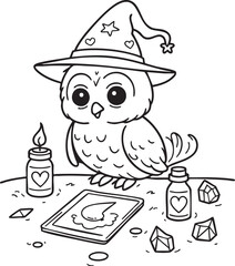 Magical Owl Wizard Coloring Page for Kids - Fun Printable Activity Featuring Spellbook, Candle, Stars & Fantasy Elements for Creative Learning