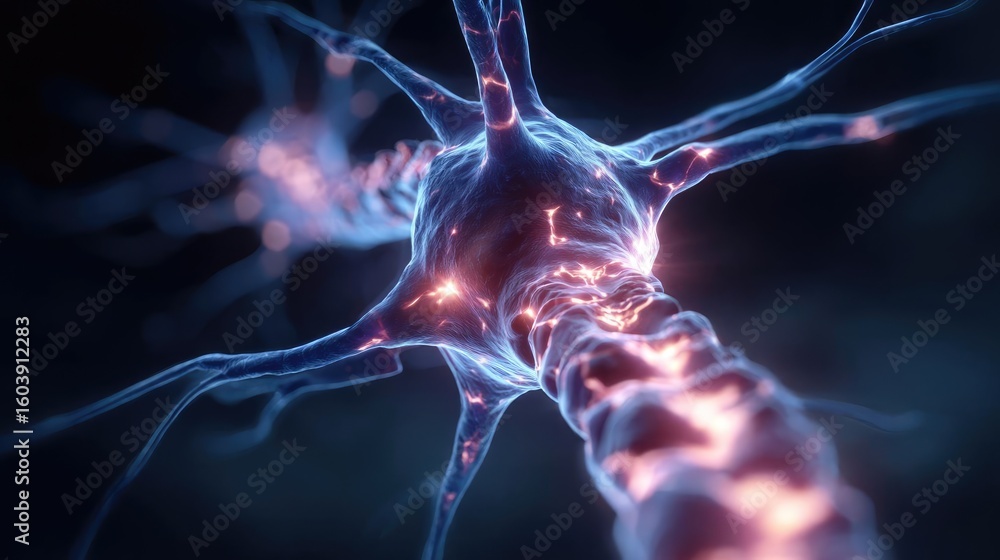 Poster disc bulge and nerve compression concept. close-up view of a neuron with glowing synapses and connec