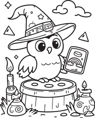 Magical Owl Wizard Coloring Page for Kids - Fun Printable Activity Featuring Spellbook, Candle, Stars & Fantasy Elements for Creative Learning