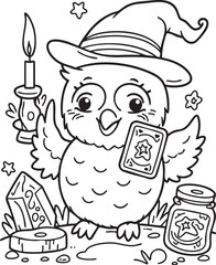 Magical Owl Wizard Coloring Page for Kids - Fun Printable Activity Featuring Spellbook, Candle, Stars & Fantasy Elements for Creative Learning
