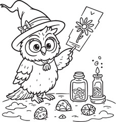 Magical Owl Wizard Coloring Page for Kids - Fun Printable Activity Featuring Spellbook, Candle, Stars & Fantasy Elements for Creative Learning