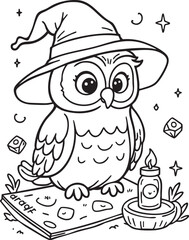 Magical Owl Wizard Coloring Page for Kids - Fun Printable Activity Featuring Spellbook, Candle, Stars & Fantasy Elements for Creative Learning
