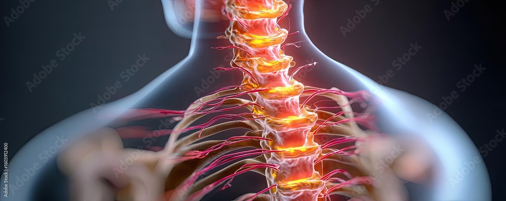Poster disc bulge and nerve compression concept. close-up of the human spine demonstrating neural pathways.