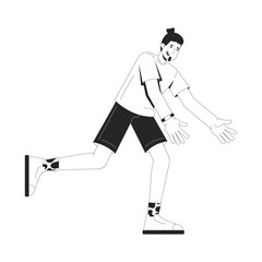 Sporty caucasian man in catching pose 2D line character. Running european energetic guy wearing smartwatch and patterned socks isolated vector ink outline person. Monochromatic spot illustration