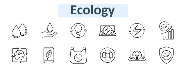 Ecology set icon. Includes water drops, recycling, leaves, biodegradable bag, shield, fan, energy-efficient laptops, growth chart, and light bulb with arrows.
