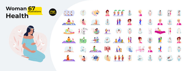 Women health, pregnancy and wellness cartoon flat illustrations mega bundle. Pregnant females, self-care, fitness, breast exam 2D images isolated on white. Collection vector drawings colorful