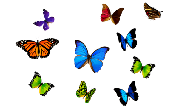 A vibrant collection of colorful butterflies scattered on white isolated on transparent background