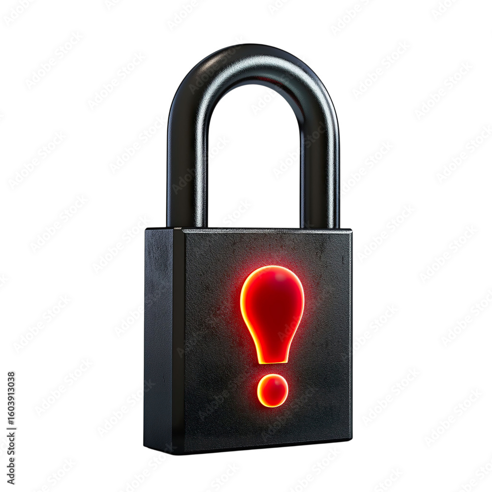 Poster a black padlock featuring a glowing red question mark, symbolizing security and uncertainty. the des