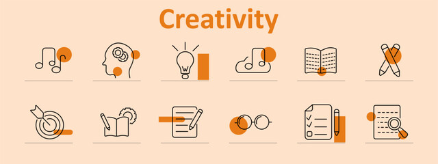 Creativity set icon. Includes music note, brain, idea, lightbulb, pencil, pen, book, writing, glasses, checklist, and document items in outlined style with decorative orange shapes