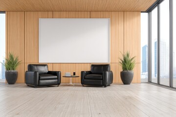 Modern office lounge area with large blank canvas, light wood accents, and city view