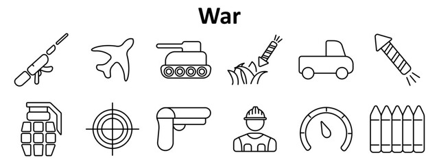 War set icon. Rifle, grenade, tank, plane, rocket, car, soldier, crosshair, bullets, explosion, gear, defense, grass, target, weaponry, helmet.