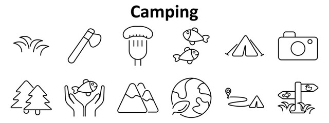 Camping set icon. Tent, fish, mountain, trees, grass, campfire, signpost, camera, hands, globe, axe, mushroom, path, guitar, boat, medical kit, duck, bike.