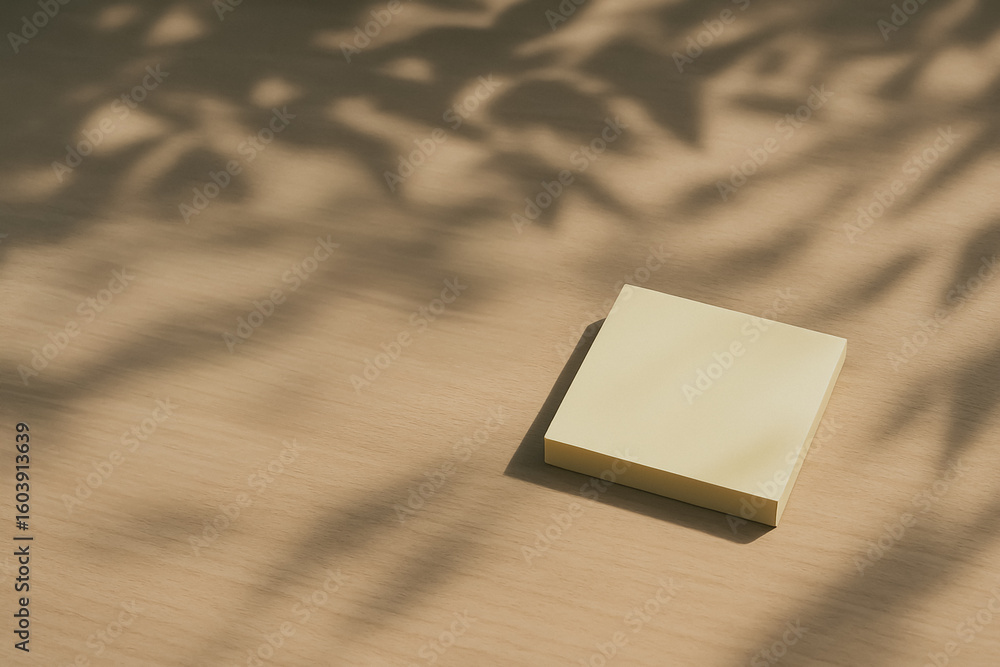 Poster shadow play on notepad: a minimalist image features a notepad on a wooden surface, accented by shado
