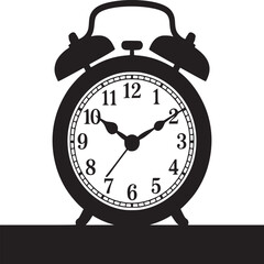 Illustration of a black and white alarm clock with bells and a shadow on a white background