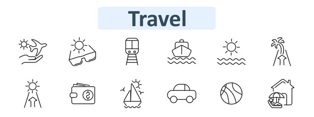 Travel set icon. Black line icons include airplane with sun, sunglasses, train, ship, sun over waves, palm island, wallet, sailboat, car, beach ball, house with person under umbrella, vacation themes.