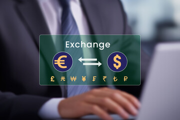 currency exchange euro to dollar, businessman using online forex trading platform with global money symbols interface