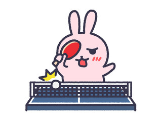 卓球でネットインする、うさぎ（線画カラー）のイラスト