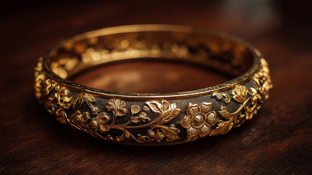 Ornate gold bangle with intricate floral designs rests on wooden surface, showcasing exquisite craftsmanship and elegance. detailed patterns highlight artistry involved in its creation