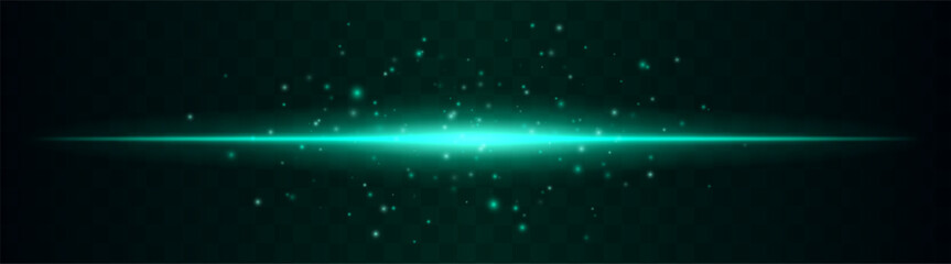 Obraz premium Energy line. Thin horizontal light beam surrounded by glowing floating particles. Central burst effect creates atmospheric energy spread on transparent background.