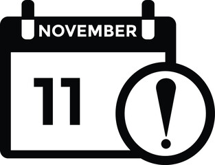 11 November, calendar date icon. 11 November Calendar Date for Deadlines or Appointment. Day, month. vector illustration.
