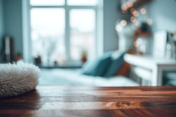Cozy bedroom interior, wooden table, fuzzy throw