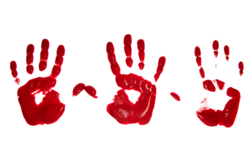 Three red handprints on a transparent background creating a sense of mystery