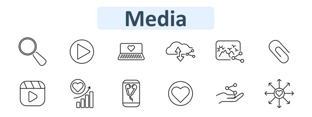 Media set icon. Outline icons show magnifier, play button, laptop with heart, cloud sync, image share, paperclip, clapperboard, chart, headphones, heart, hand share, heart arrows, multimedia symbols.