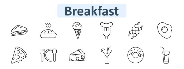 Breakfast set icon. Outline illustrations present sandwich, pie, ice cream cone, sausage, skewers, fried egg, pizza, cutlery, cheese, cocktail, donut, glass with straw, various breakfast foods.