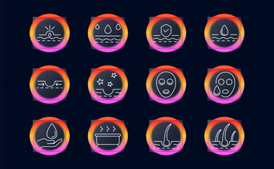Skincare treatment set icon. Shows drop, face mask, hand, bathtub, pore, steam, hydration, skin layers, moisture barrier, cleansing, wellness, and personal care elements.