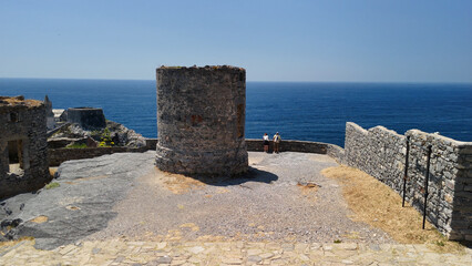 Ancient stone watchtowers in Portovenere overlooking the Ligurian Sea on rocky cliffs