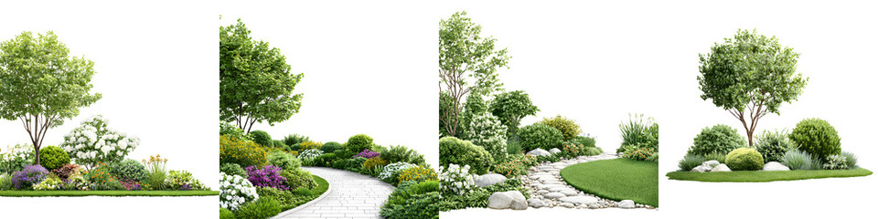 Landscaped Garden Corners: Greenery, Bushes, and Stone Paths on White