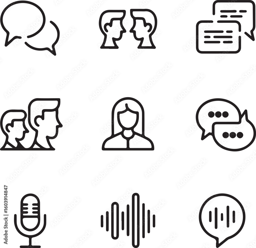 Poster communication and conversation icons set featuring speech bubbles people talking microphone and soun