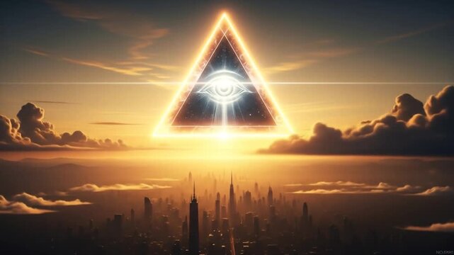 Illuminati eye over city skyline at sunset with golden light effect and clouds