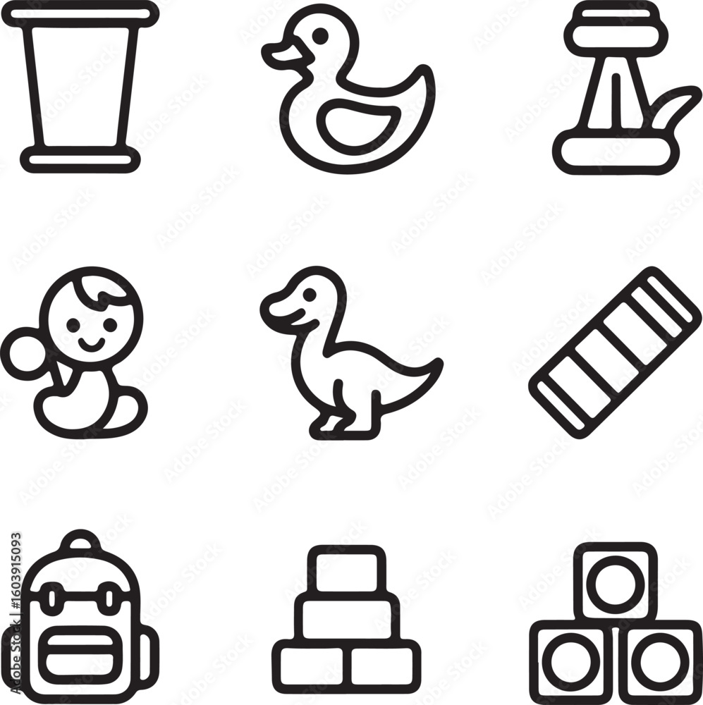 Poster collection of baby and toddler toy icons in outline style includes rubber duck blocks backpack rattl