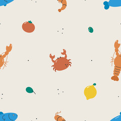 Sea food seamless pattern with lobster, crab, shrimp, fish. For design, fabric, wrapping, cards, textile, wallpaper, apparel. Isolated vector cartoon illustration in flat style.